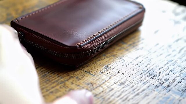Dark red leather wallet with zipper closure on a wooden surface at a low angle
