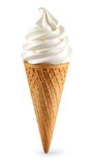 Soft-serve ice cream in a waffle cone, on white background