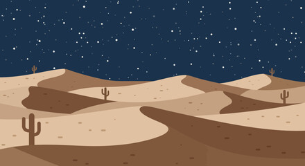 Pixelated desert scene under a starry night sky with sand dunes and cacti
