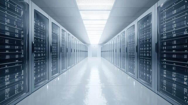 A long, narrow hallway with rows of server racks in a data center. The environment is dimly lit with a blue tint, giving it a cool, industrial feel.