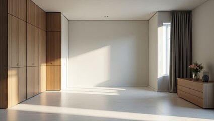 Obraz premium Empty room with light wood paneling and neutral tones.