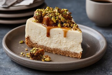 A cheesecake slice on a plate garnished with nuts and caramel near stacked plates and a mug