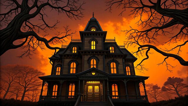 Haunted victorian mansion with glowing windows at sunset surrounded by bare trees and eerie orange sky for spooky halloween atmosphere