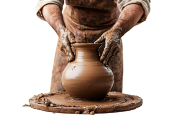 Hands shaping clay pottery on spinning wheel

