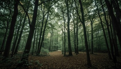 Obraz premium A dense forest pathway on a misty day.