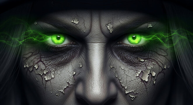 A menacing sorceress with glowing green eyes crackling with magical energy and cracked, peeling skin. - Powered by Adobe