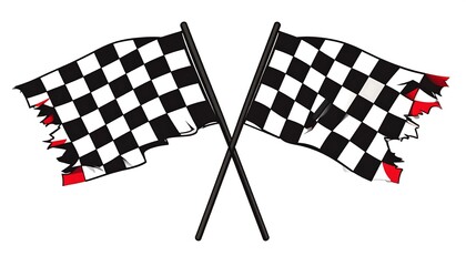 Fototapeta premium Two tattered checkered flags crossed, showing wear and tear