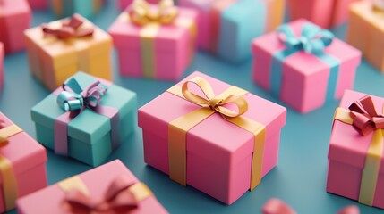 A colorful collection of gift boxes with ribbons on a blue background.