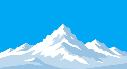 Snowy mountains under a clear blue sky rendered in a geometric stylized manner
