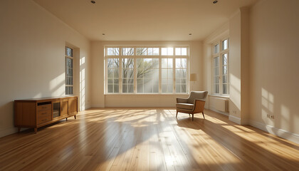 Obraz premium Spacious Minimalist Living Room with Wooden Floor and Sunlight