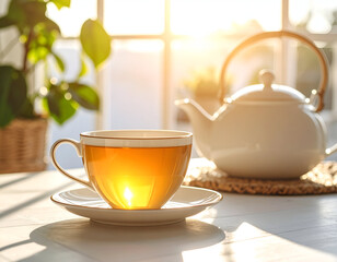 Golden morning sunlight reflecting off a warm teacup and saucer in a quiet, peaceful sunroom.