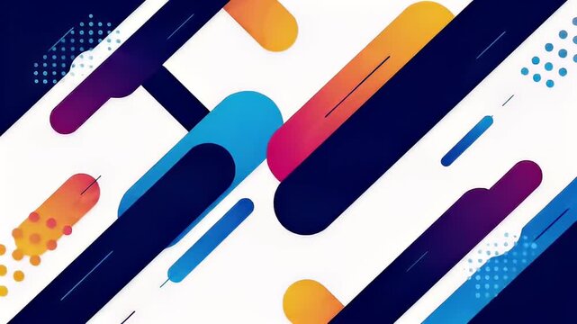 Abstract art with elongated shapes in blue, purple, and orange with a white backdrop