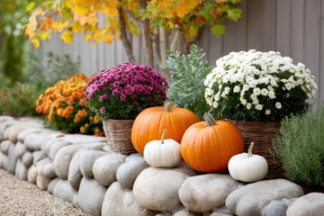Pumpkins and chrysanthemums decorating a stone border in autumn