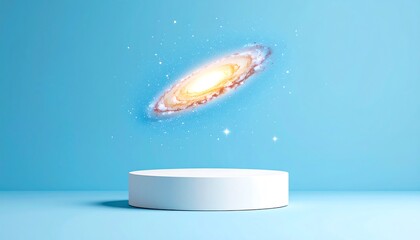 Galaxy on pedestal with blue background.