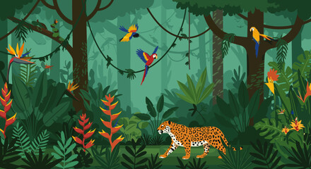Vivid jungle scene with a jaguar macaws lush plants  tall trees © Miu Studio