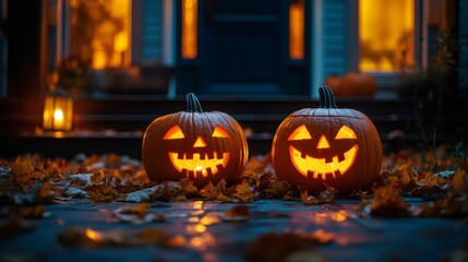 Obraz premium Halloween pumpkins illuminating the night in front of house