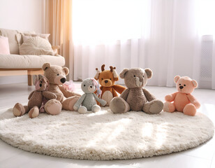 Warm sunlight spills onto a fluffy pastel rug, illuminating a dreamy and charming arrangement of various stuffed animal friends.