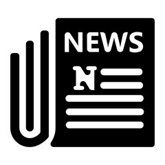 Flat design black icon of a newspaper, symbolizing essential news, journalism, current events, and media information dissemination for digital platforms.
