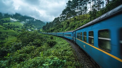 A blue train traveling through a lush, green landscape with dense trees and mountains in the background.