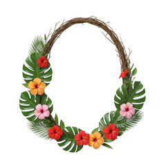 Naklejka premium Oval tropical wreath with hibiscus flowers and palm leaves isolated on transparent background