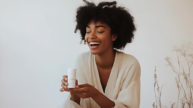 A woman with an afro smiles and holds a white beauty product against a neutral background, complemented by dried plant accents.