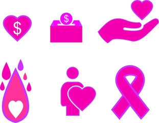 A collection of Charity and Donation Icons with Hearts, Hands, and Humanitarian Symbols in Pink