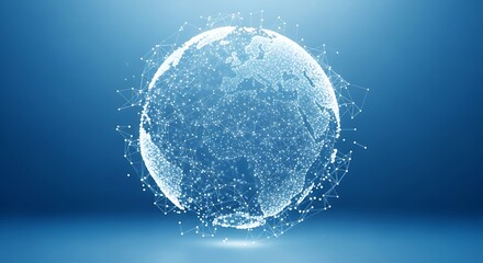 Global Network: A luminous sphere of interconnected nodes and lines against a gradient blue background, symbolizing global connectivity.