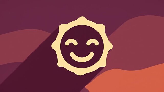 A stylized smiling face inside a sun-like shape, casting a shadow on a wave pattern