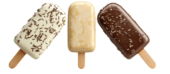 Three ice pops, white, light beige, and dark brown, topped with small, scattered sprinkles
