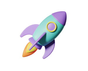 Fototapeta premium 3d icon of cute cartoon rocket ship blasting off with colorful flames, isolated on transparent background