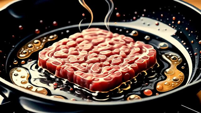 Brain-shaped meat steams on a hot, oily black skillet, stylized and somewhat surreal