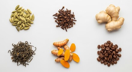 Obraz premium Assortment of cardamom, cloves, ginger, tea, turmeric, and coffee beans on white