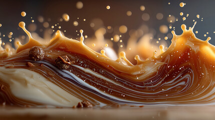 Dynamic Splash of Liquid Caramel Swirling into Creamy Coffee with Gold Sparkles