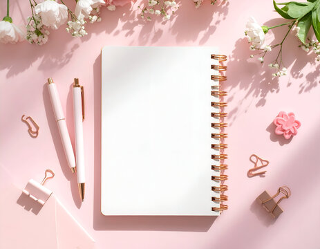 Elegant flat lay of a sunlit spiral notebook with a blank page for mockup, beside a pastel pen set and flower-shaped paperclips.
