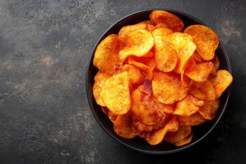 Bowl of potato chips Golden brown in color and piled high in a black bowl on a dark grey mottled surface