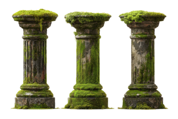 Three weathered stone pillars overgrown with moss