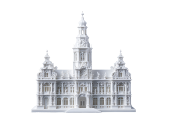 Detailed white 3D model of a grand European town hall.  Ornate facade, multiple towers, clock,  windows, and detailed carvings are visible
