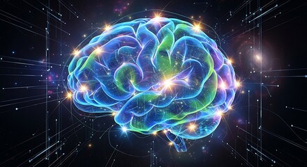 Glowing Brain with Neural Connections and Cosmic Background, Representing Intelligence