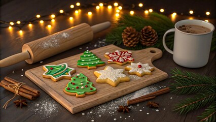Decorated christmas cookies with festive icing on wooden board with hot chocolate lights cinnamon and holiday baking tools