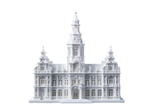Detailed white 3D model of a grand European town hall.  Ornate facade, multiple towers, clock,  windows, and detailed carvings are visible