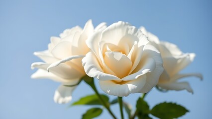 White rose bouquet against a soft blue sky background with delicate petals in sunlight.