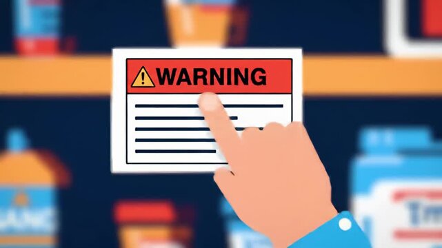 Animated hand pointing to a warning sign, text-filled lines, on shelf background