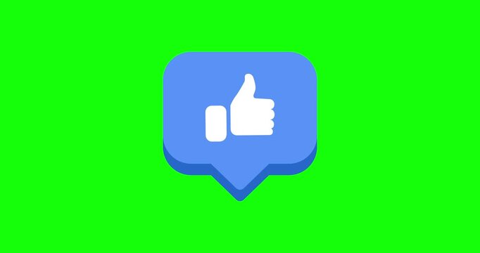 White thumbs up icon design on a blue social media sticker coming out from the bottom of the screen on a green background.