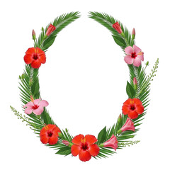 Tropical hibiscus flower and palm leaf wreath border isolated on transparent background