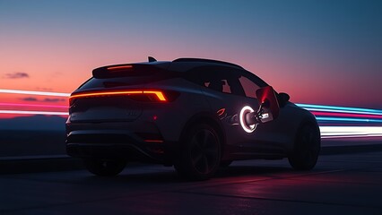 Obraz premium Futuristic vehicle glowing at dusk, surrounded by an energy aura and abstract light trails for a sci-fi vibe.