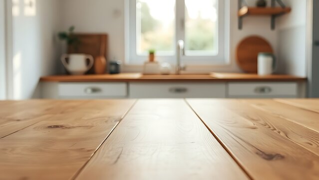 Wooden table surface with natural grain texture, softly lit by kitchen window light.