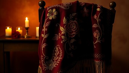 Spanish embroidered shawl with floral motifs in burgundy and gold, draped elegantly over a chair in warm candlelight.