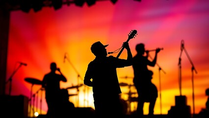Artistic composition of musical instrument silhouettes against a vibrant sunset-colored backdrop.