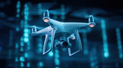 A white drone is flying in a blue background. The drone is the main focus of the image, and it is in motion. The blue background gives the image a futuristic and technological feel