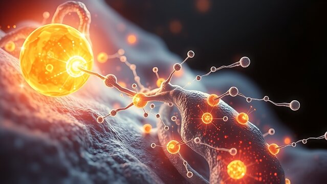 Cellular-level artistic rendering of mitochondria glowing with healing energy powering regeneration within human tissue